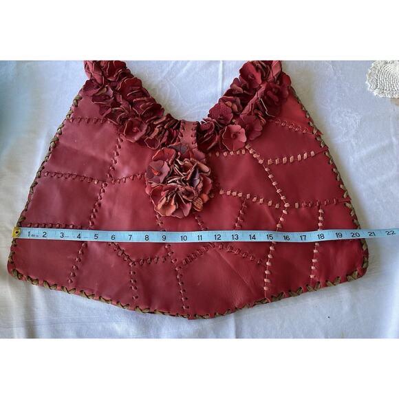 Wabags Genuine Leather Appliqué Flower Tote Handbag Red 3 D Design Shoulder Bag - Picture 7 of 10